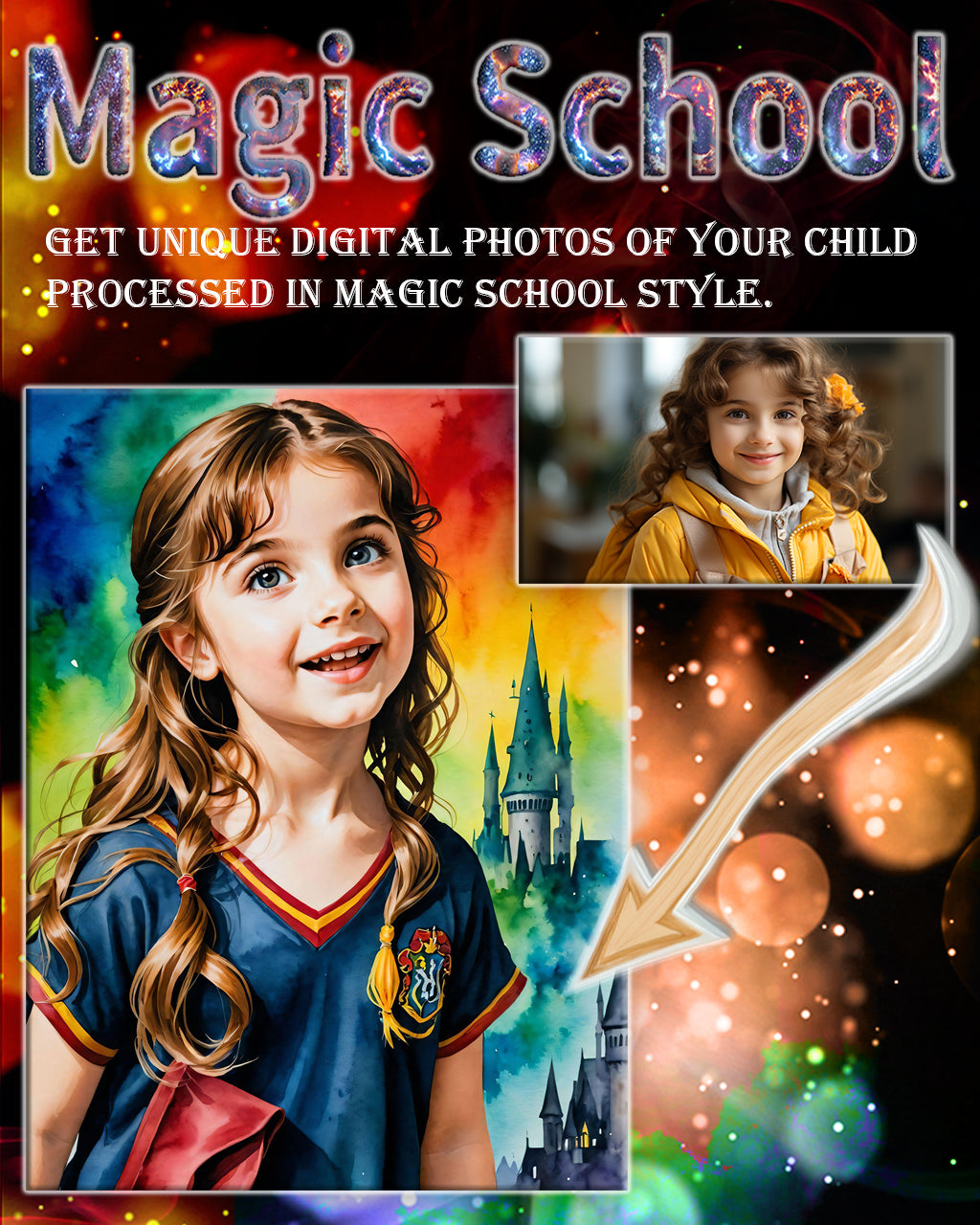 Photo set of 9 customised photos "THE MAGIC SCHOOL" fairy tale style photo shoot for children. Photo transformation service.