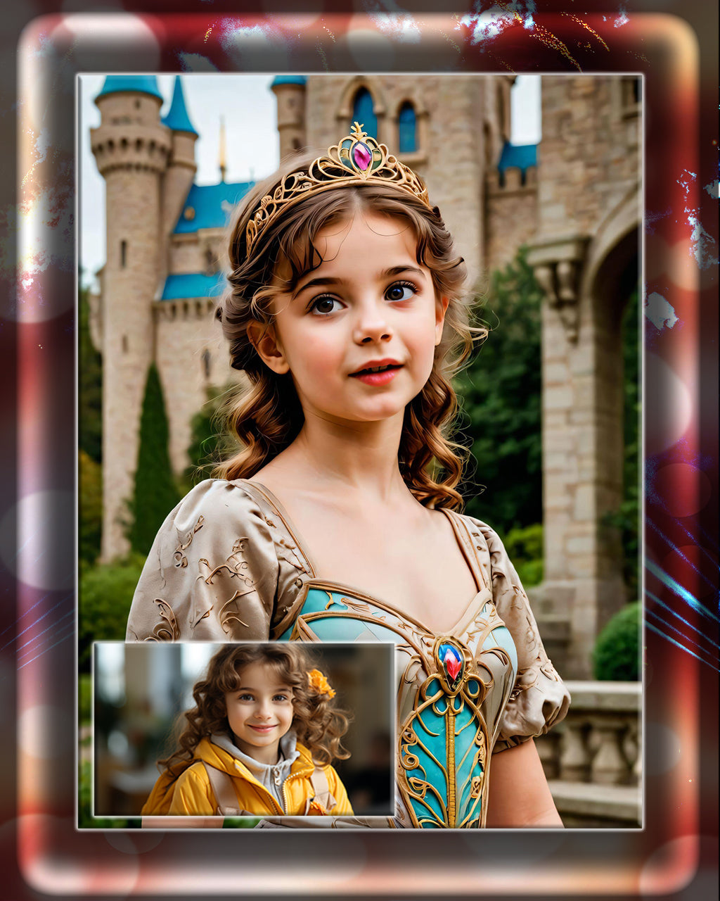 Photo set of 9 customised photos "THE YOUNG PRINCESS" fairy tale style photo shoot for children. Photo transformation service.