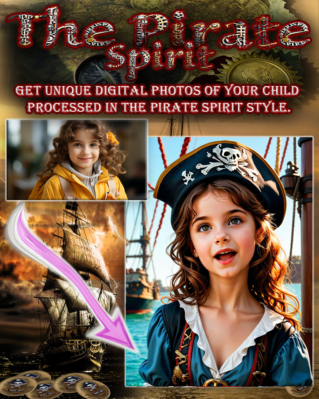 Photo set of 9 customised photos "THE PIRATE STYLE" fairy tale style photo shoot for children. Photo transformation service.